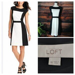 Ann Taylor LOFT Dress Size 10 Sheath Ponte Black White Color Block Zip Back